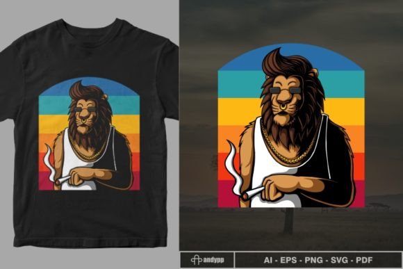 Lion Relaxing While Smoking Retro Vector